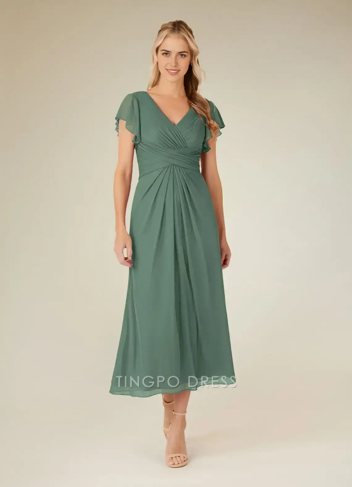 TingPo Wholesale Elegant Eucalyptus A-Line V-Neck Pleated Mesh Dress